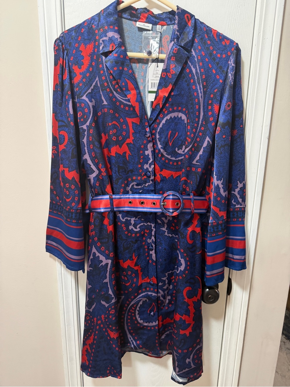 Hermoza Navy Blue & Red Paisley Belted Long Sleeve Dress